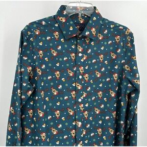 SIMON BANKS REINDEER BUTTON FRONT CHRISTMAS SHIRT Men's Size‎ Medium Green
